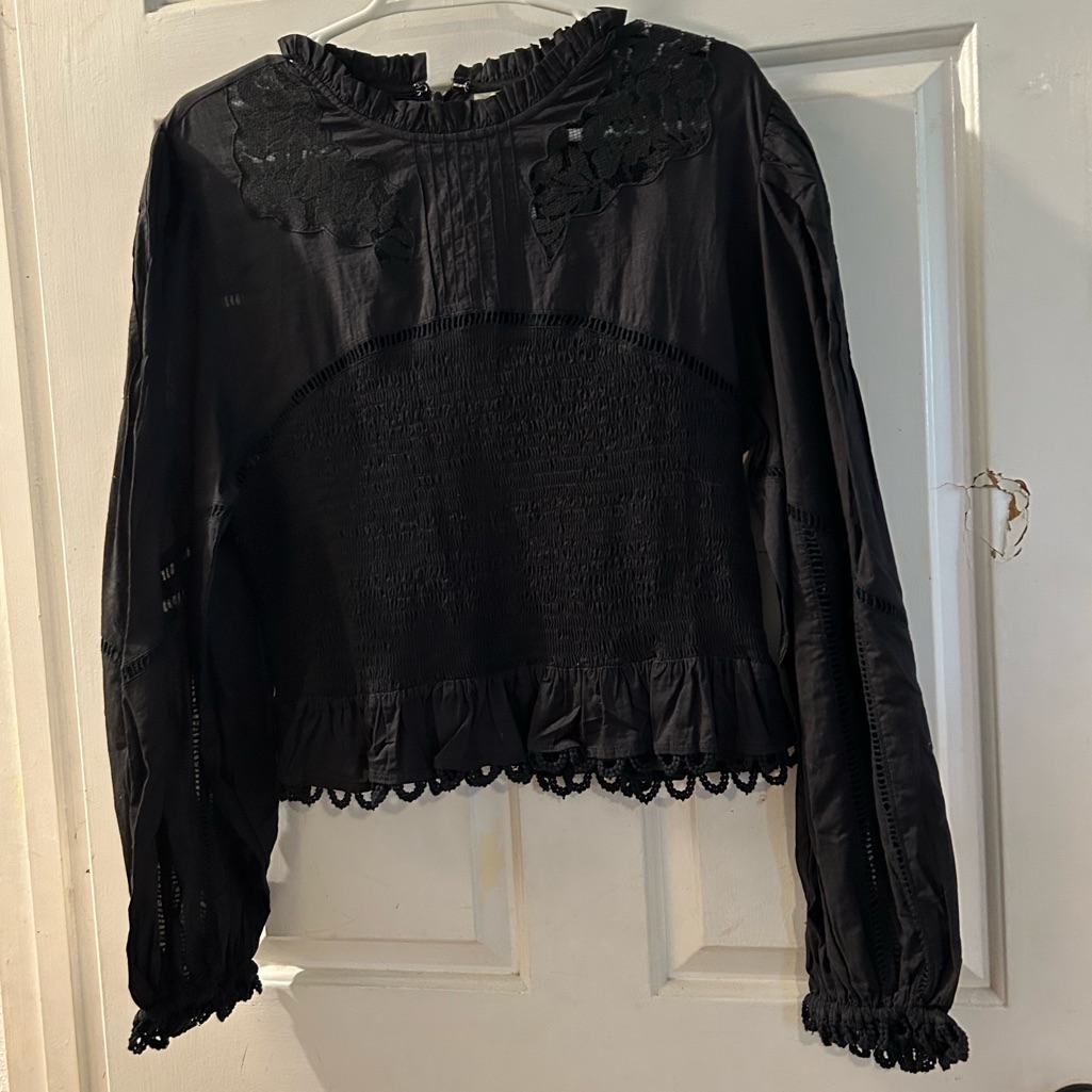Farm Rio Black Ruffled Lace-Trim Blouse